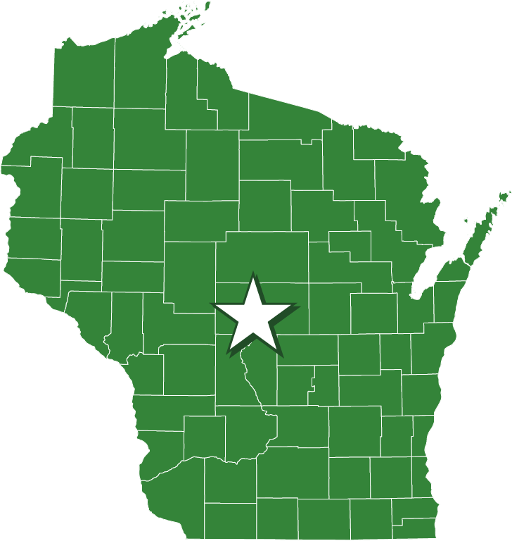 Map of Wisconsin with a star marking the location of DCM Landscaping in Nekoosa